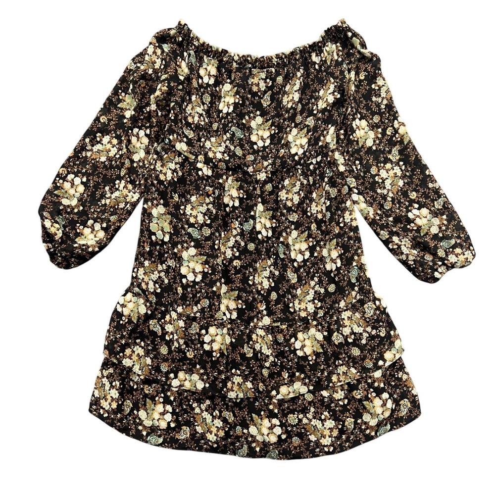 WAYF Floral Paisley Off Shoulder Mini Dress Womens XS Black Tiered Ruffle Boho